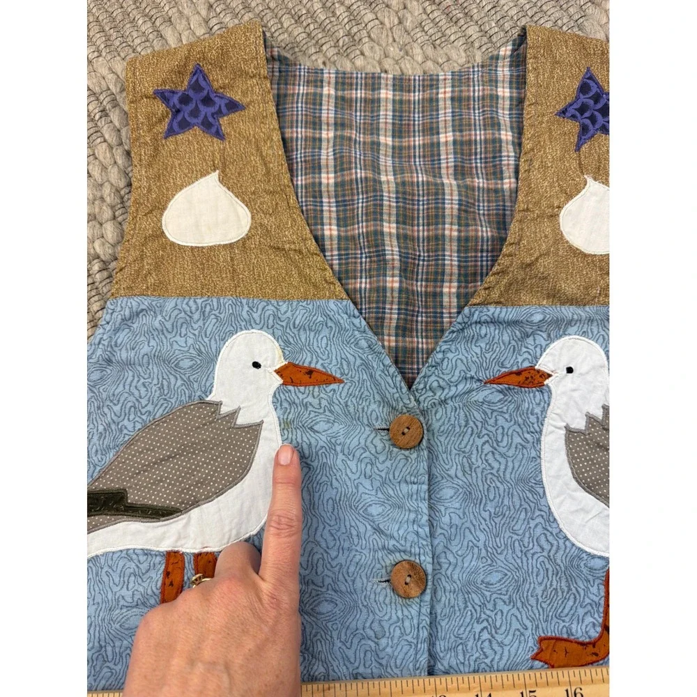 Quilted Applique Vest Women XL Blue Coastal Seagull Bird Artisan Novelty - Picture 7 of 7